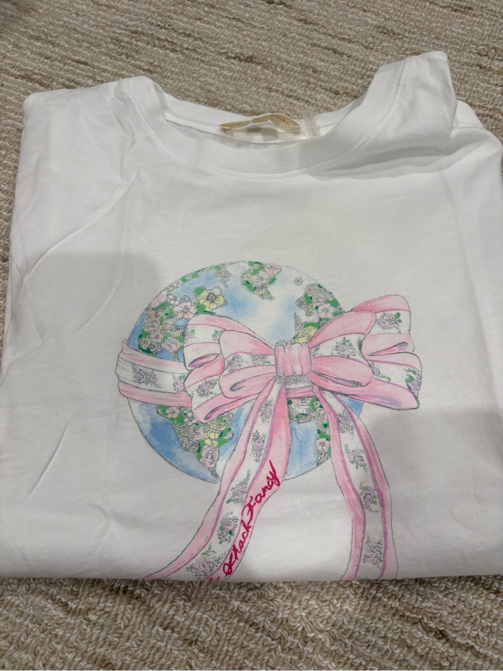 LoveShackFancy White Tee with Pink Bow and Floral Globe